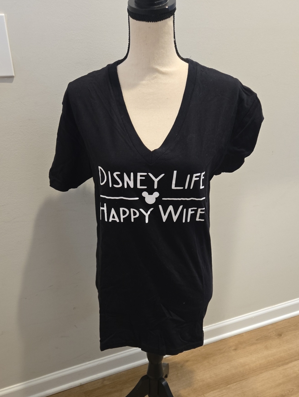 Disney 'Happy Wife' Black V-Neck Graphic Tee